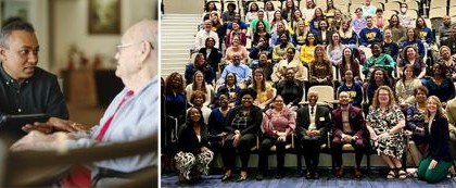 left image two persons talking right image nasw members in convention setting